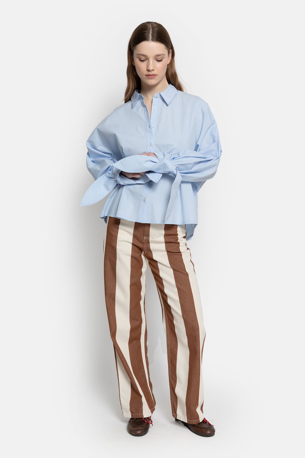 Mimi Straight Cotton Pants | Striped White & Camel