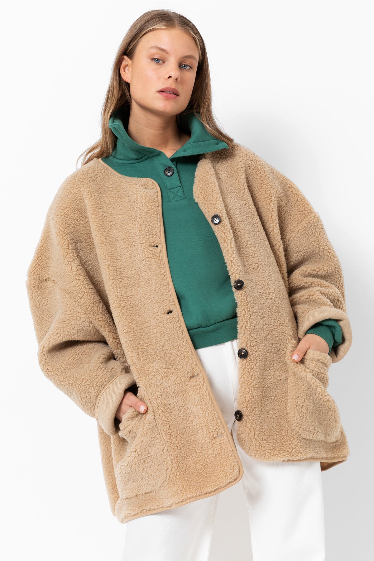 Hannah Teddy Oversized Jacket | Biscuit